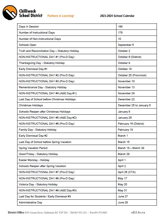 School Calendar 2023/2024 Chilliwack School District 33